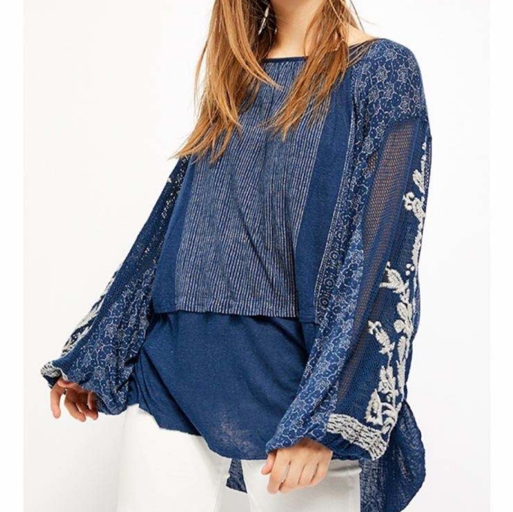 Free People Indigo Dreams Embroidered  Net Tunic Top...size Small